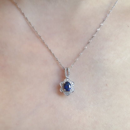 18K Vintage Florals Blue Sapphire and Diamond Pendant