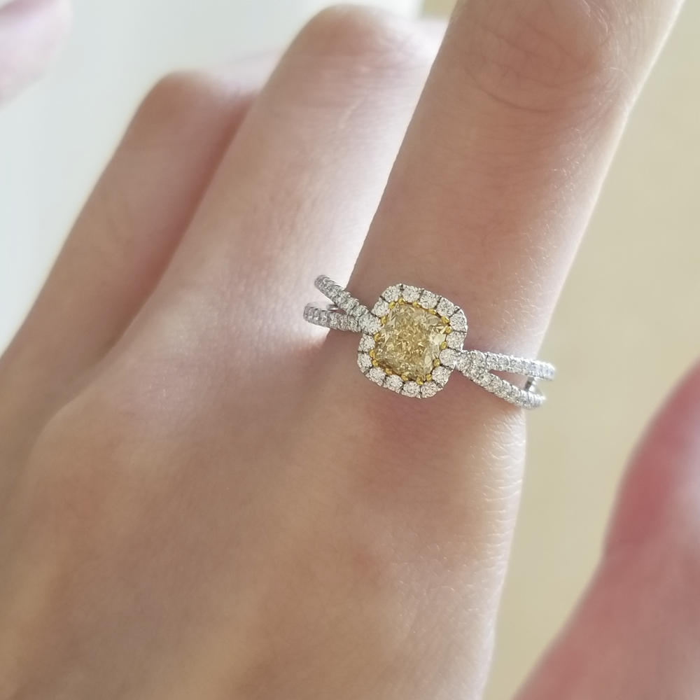 Yellow Diamond Ring with Split Band in 18K White Gold 0.74ct