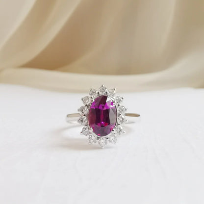 Sunflower Diamond Halo Rhodolite Ring