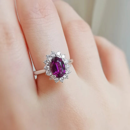 Sunflower Diamond Halo Rhodolite Ring