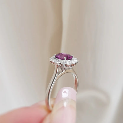 Sunflower Diamond Halo Rhodolite Ring
