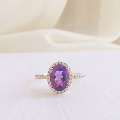 18K Oval Amethyst Halo Ring