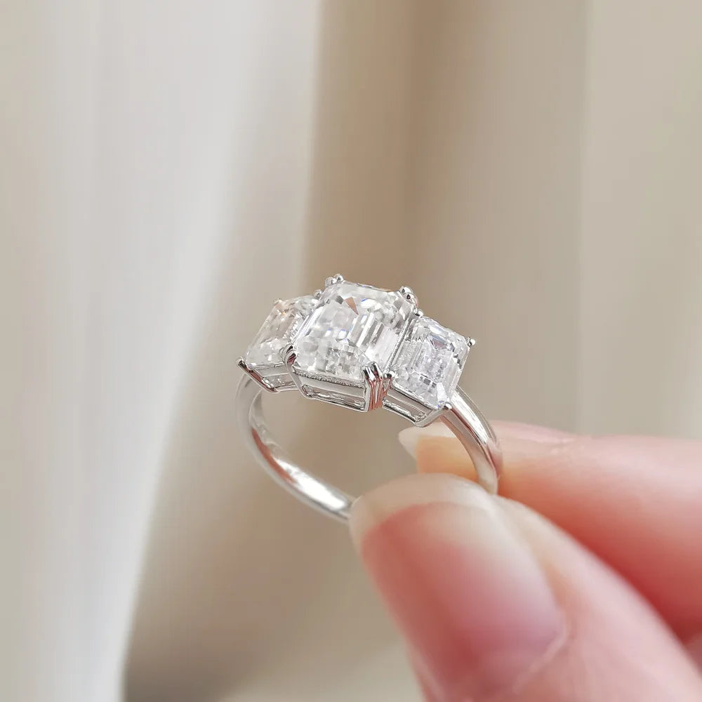 18K Mia Trilogy Emerald Cut Moissanite Ring