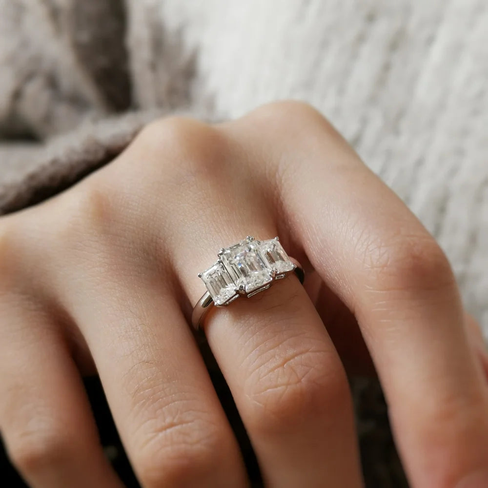 18K Mia Trilogy Emerald Cut Moissanite Ring