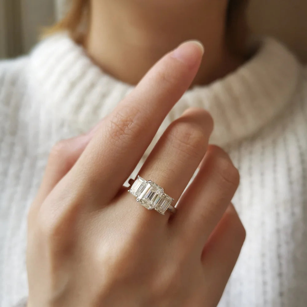 18K Mia Trilogy Emerald Cut Moissanite Ring
