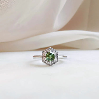 18K White Gold Hexagon Tourmaline with Diamond Halo Ring