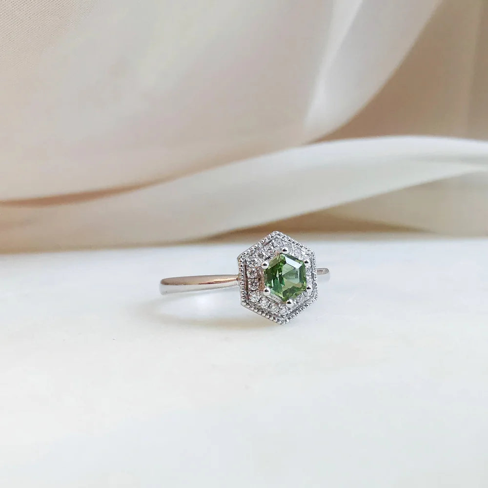 18K White Gold Hexagon Tourmaline with Diamond Halo Ring