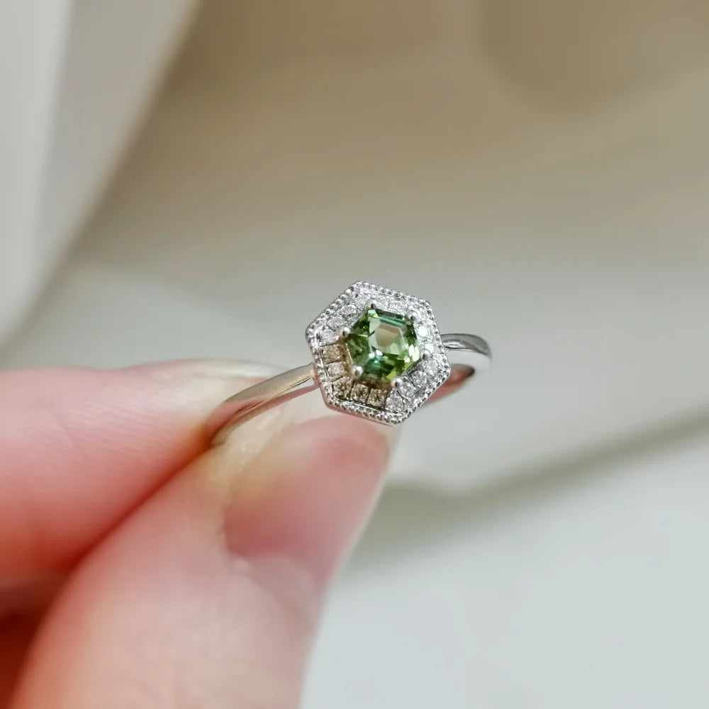 18K White Gold Hexagon Tourmaline with Diamond Halo Ring