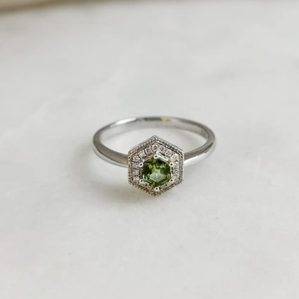 18K White Gold Hexagon Tourmaline with Diamond Halo Ring