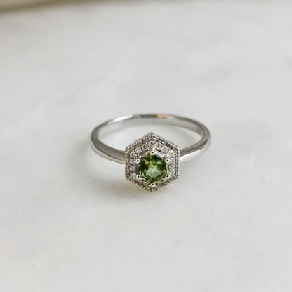 18K White Gold Hexagon Tourmaline with Diamond Halo Ring