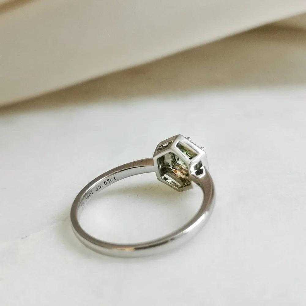 18K White Gold Hexagon Tourmaline with Diamond Halo Ring