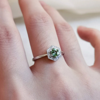 18K White Gold Hexagon Tourmaline with Diamond Halo Ring