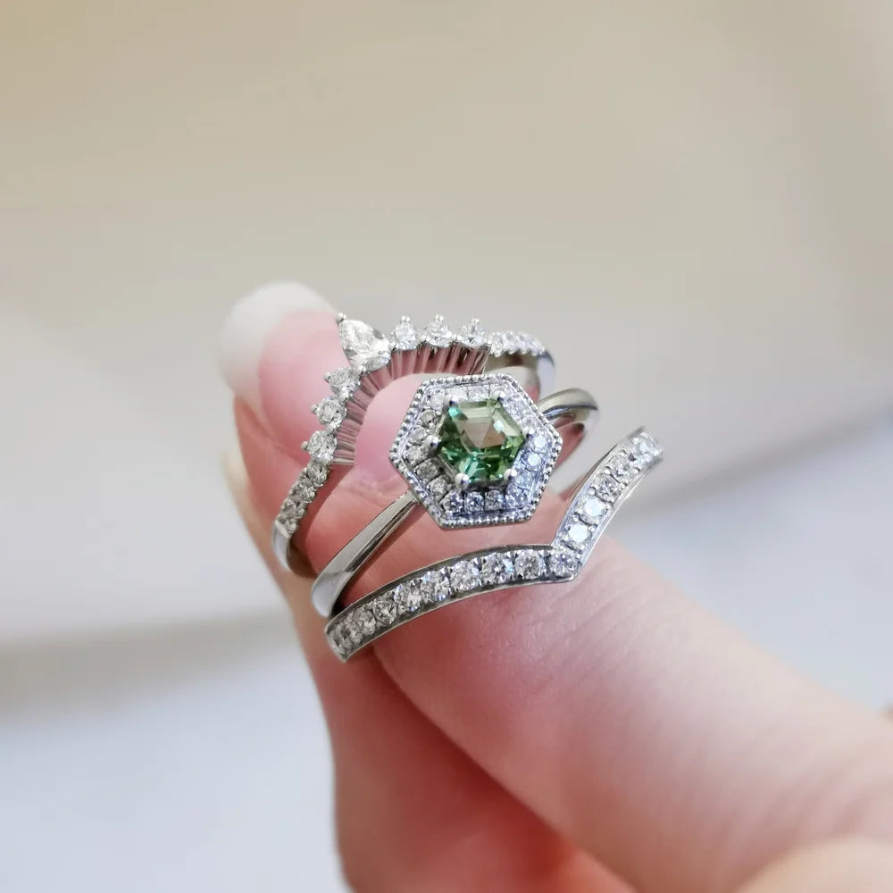 18K White Gold Hexagon Tourmaline with Diamond Halo Ring