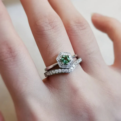 18K White Gold Hexagon Tourmaline with Diamond Halo Ring