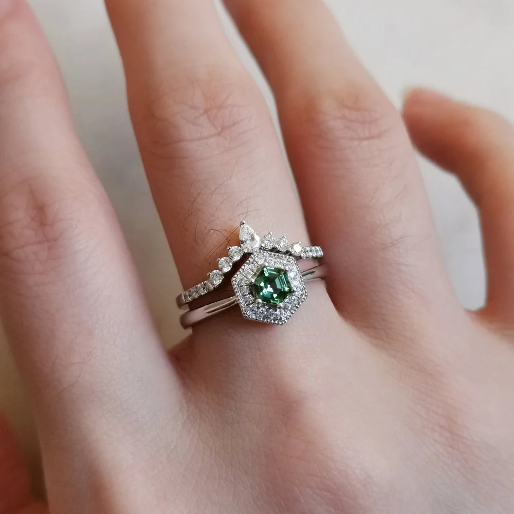 18K White Gold Hexagon Tourmaline with Diamond Halo Ring