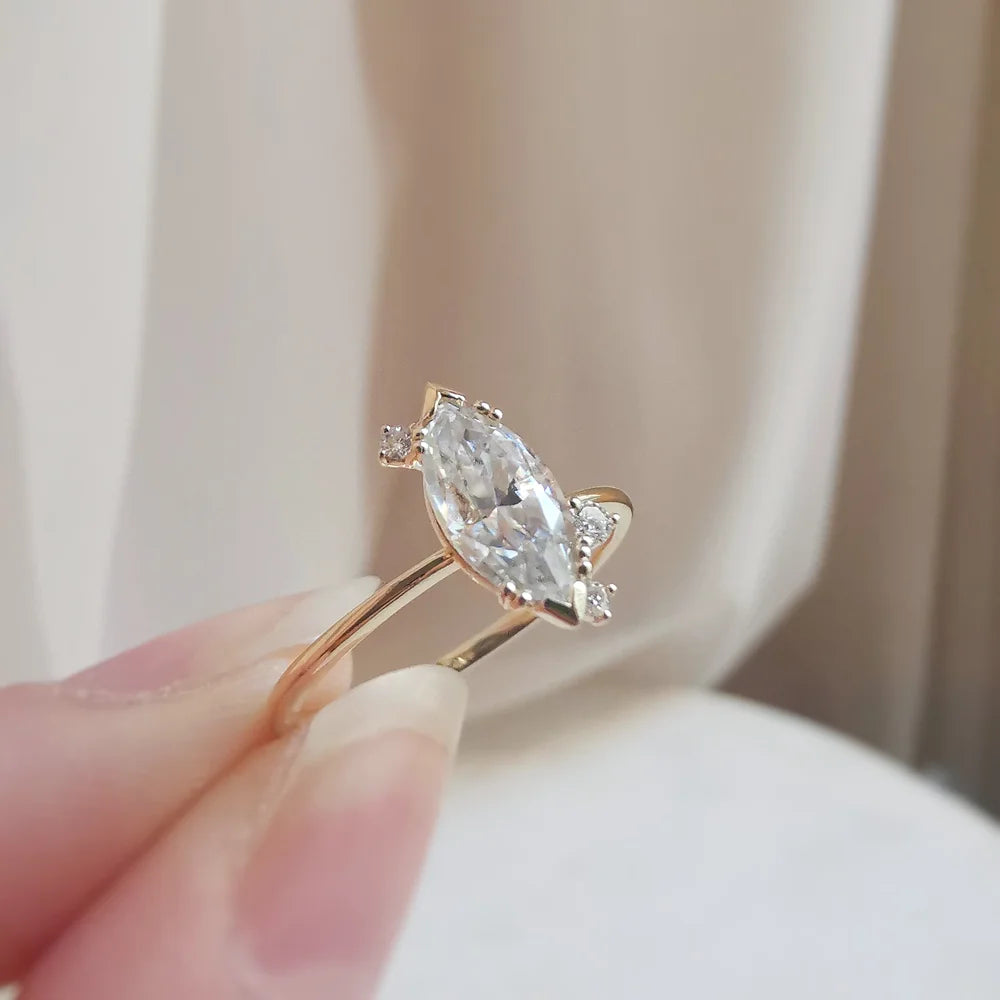 14K Dainty Minimalist Marquise Moissanite Ring