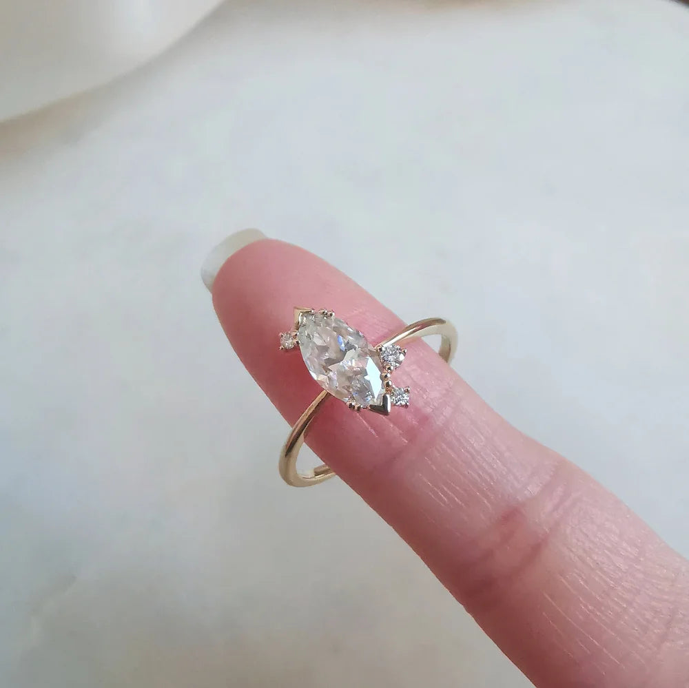 14K Dainty Minimalist Marquise Moissanite Ring
