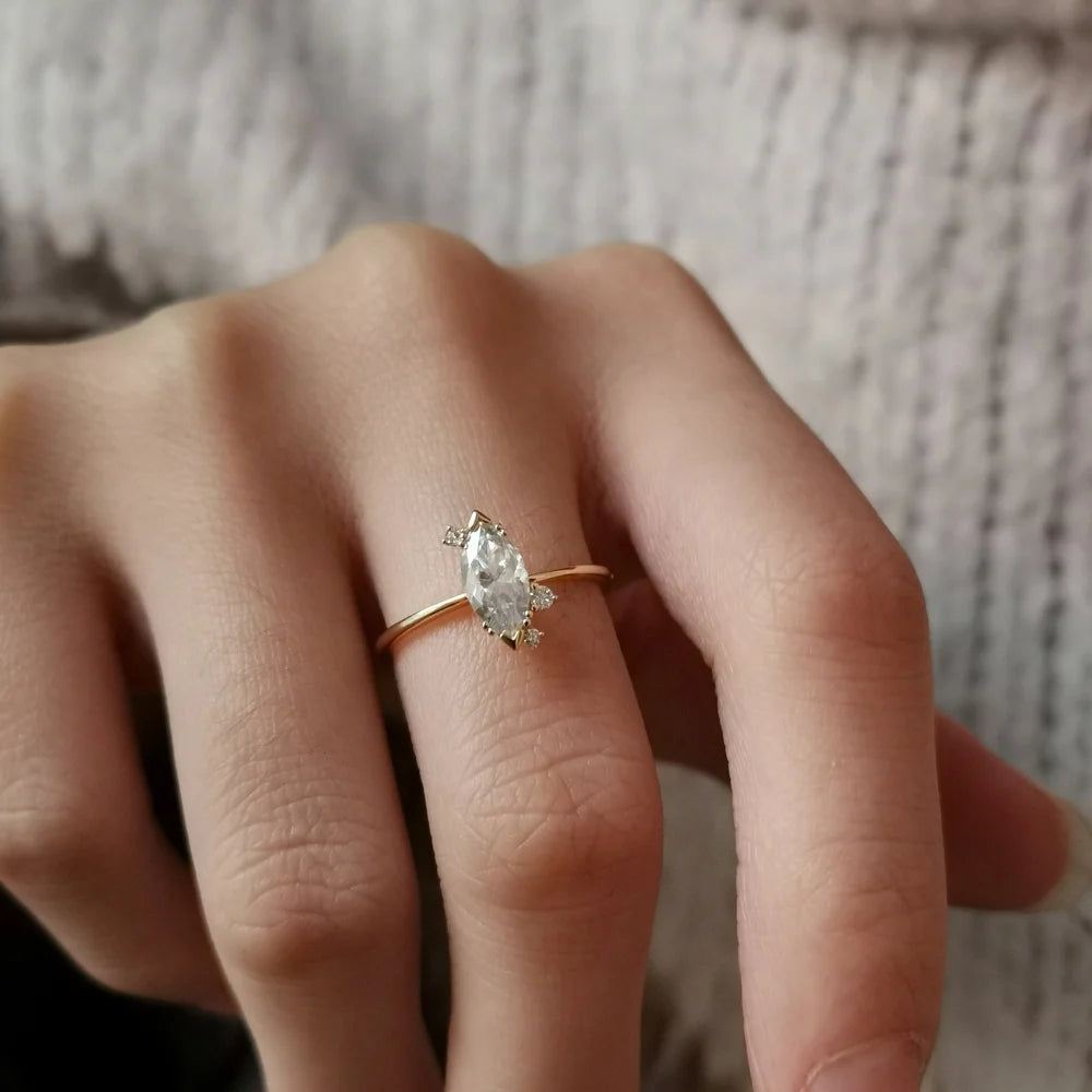 14K Dainty Minimalist Marquise Moissanite Ring