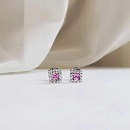 18K Princess Cut Pink Sapphire Earring