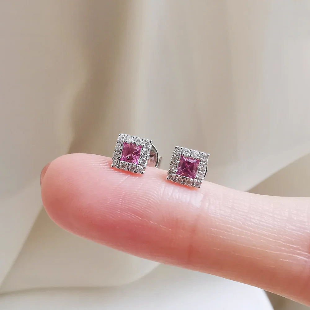 18K Princess Cut Pink Sapphire Earring