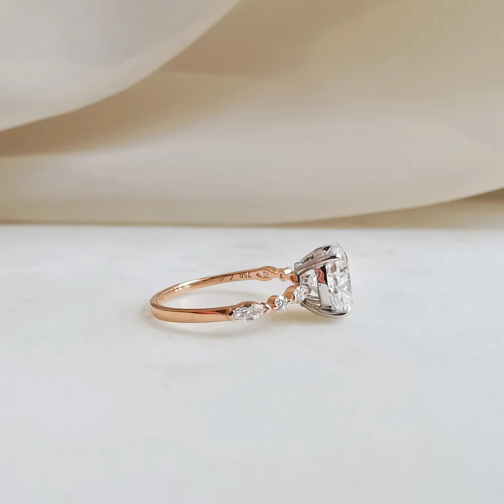 18K Odette Solitaire Oval Moissanite Ring with Round & Marquise Band