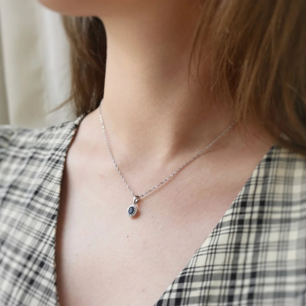 18K Diamond Halo Sapphire Pendant