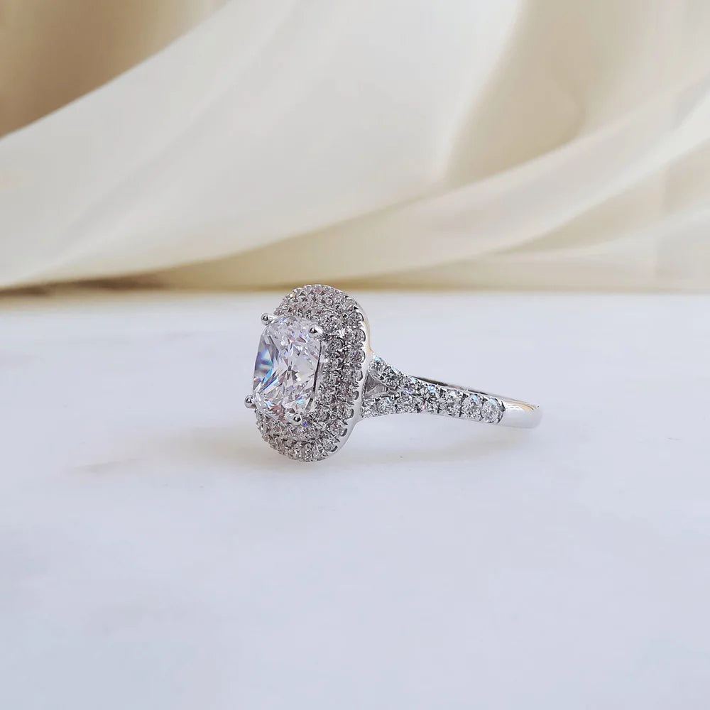 18K Cushion Moissanite Double Halo Ring