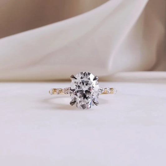 18K Peyton Solitaire Oval Moissanite Ring with Round & Marquise Band