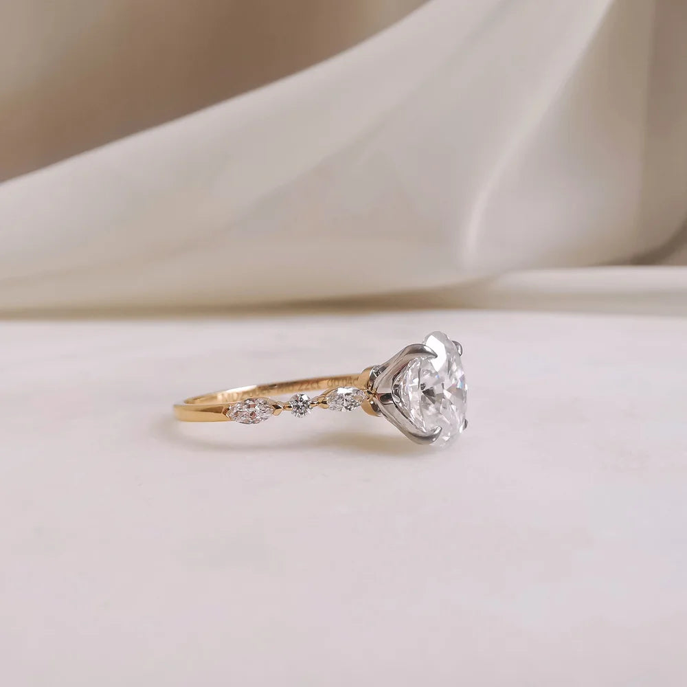18K Peyton Solitaire Oval Moissanite Ring with Round & Marquise Band
