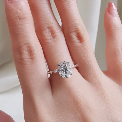 18K Peyton Solitaire Oval Moissanite Ring with Round & Marquise Band
