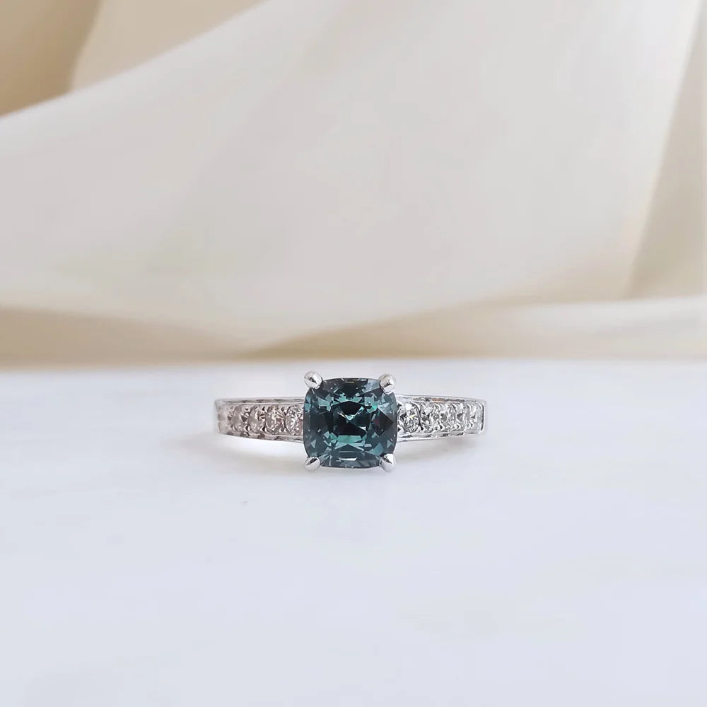 18K Emileigh Teal Cushion Green Sapphire Ring