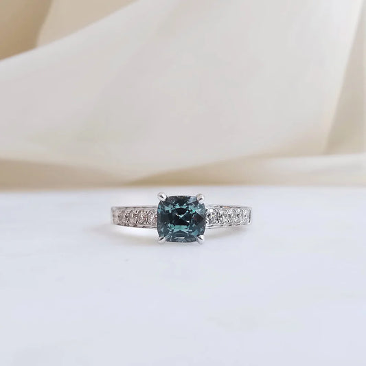 18K Emileigh Teal Cushion Green Sapphire Ring