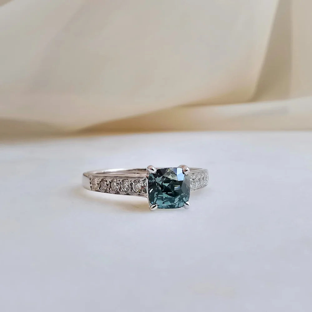 18K Emileigh Teal Cushion Green Sapphire Ring