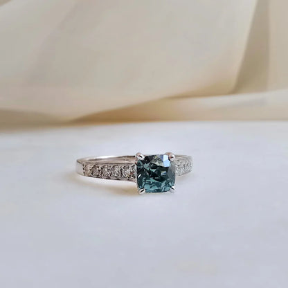 18K Emileigh Teal Cushion Green Sapphire Ring