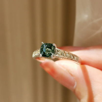 18K Emileigh Teal Cushion Green Sapphire Ring
