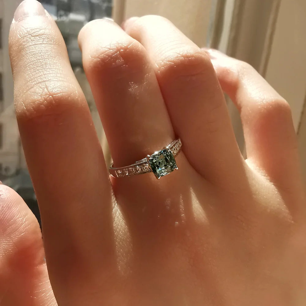 18K Emileigh Teal Cushion Green Sapphire Ring