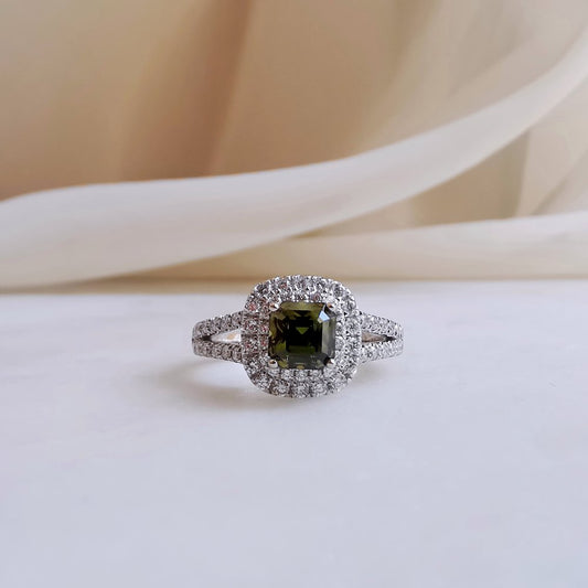 18K Double Halo Cushion Green Sapphire Ring