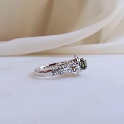 18K Double Halo Cushion Green Sapphire Ring