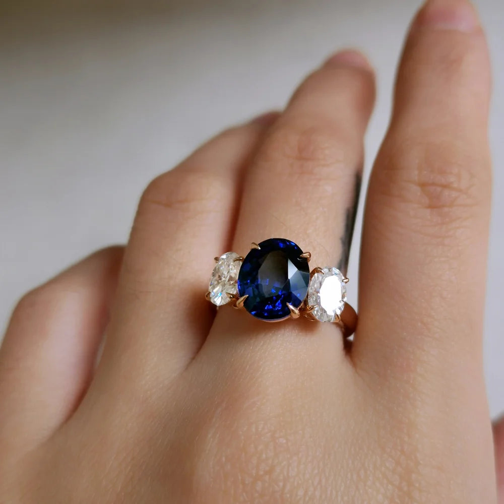 18K Liliana Lab Blue Sapphire Three Stone Ring