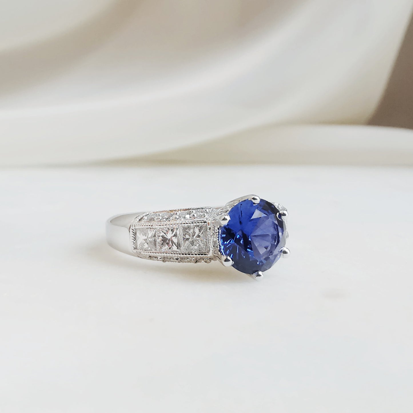 Platinum Lady Camellia Blue Sapphire and Diamond Ring