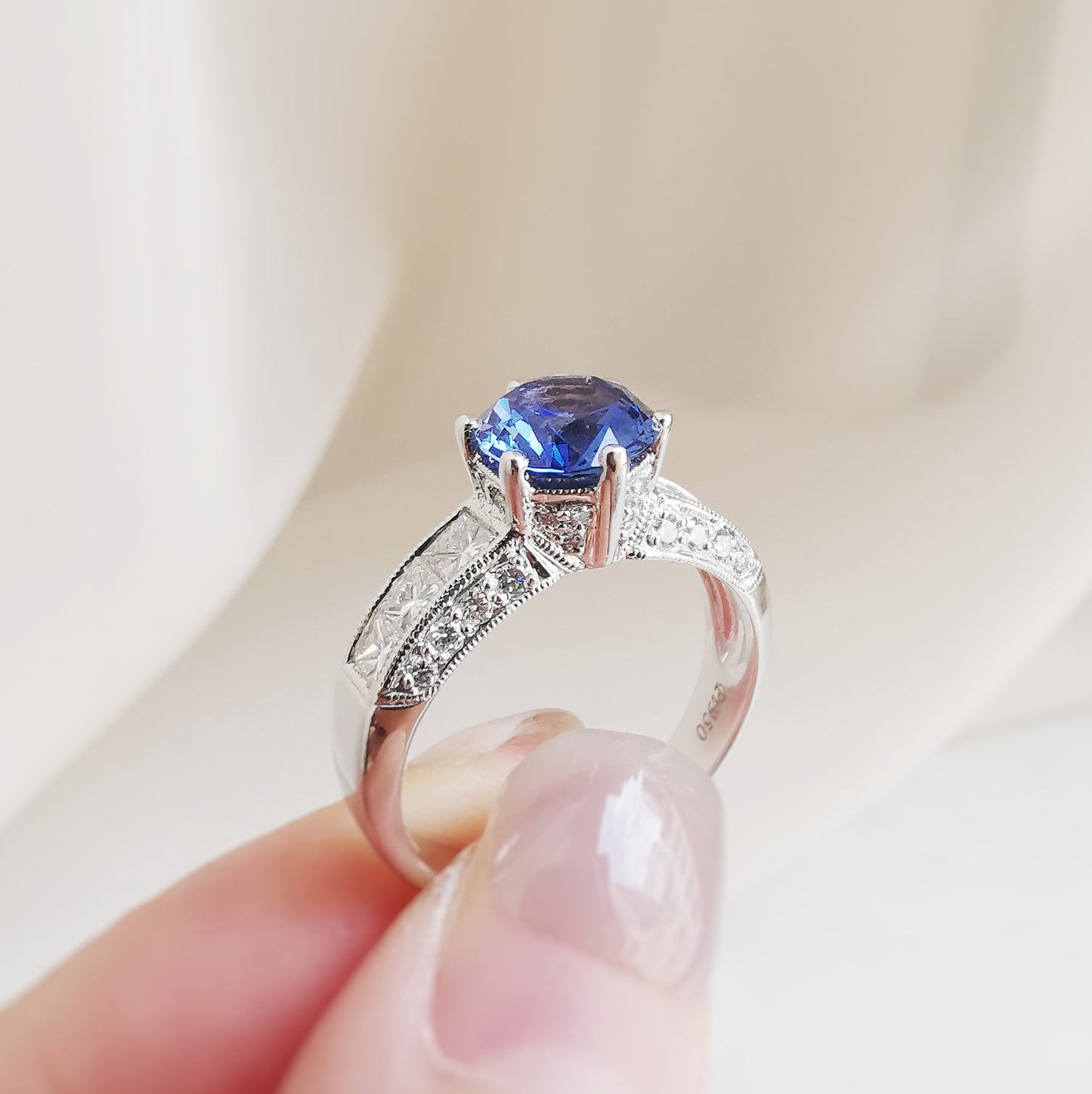 Platinum Lady Camellia Blue Sapphire and Diamond Ring