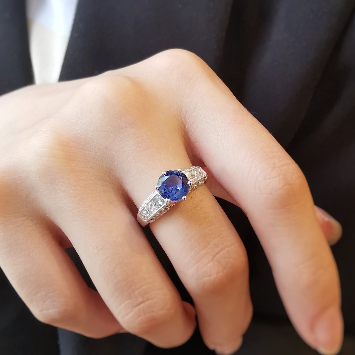 Platinum Lady Camellia Blue Sapphire and Diamond Ring