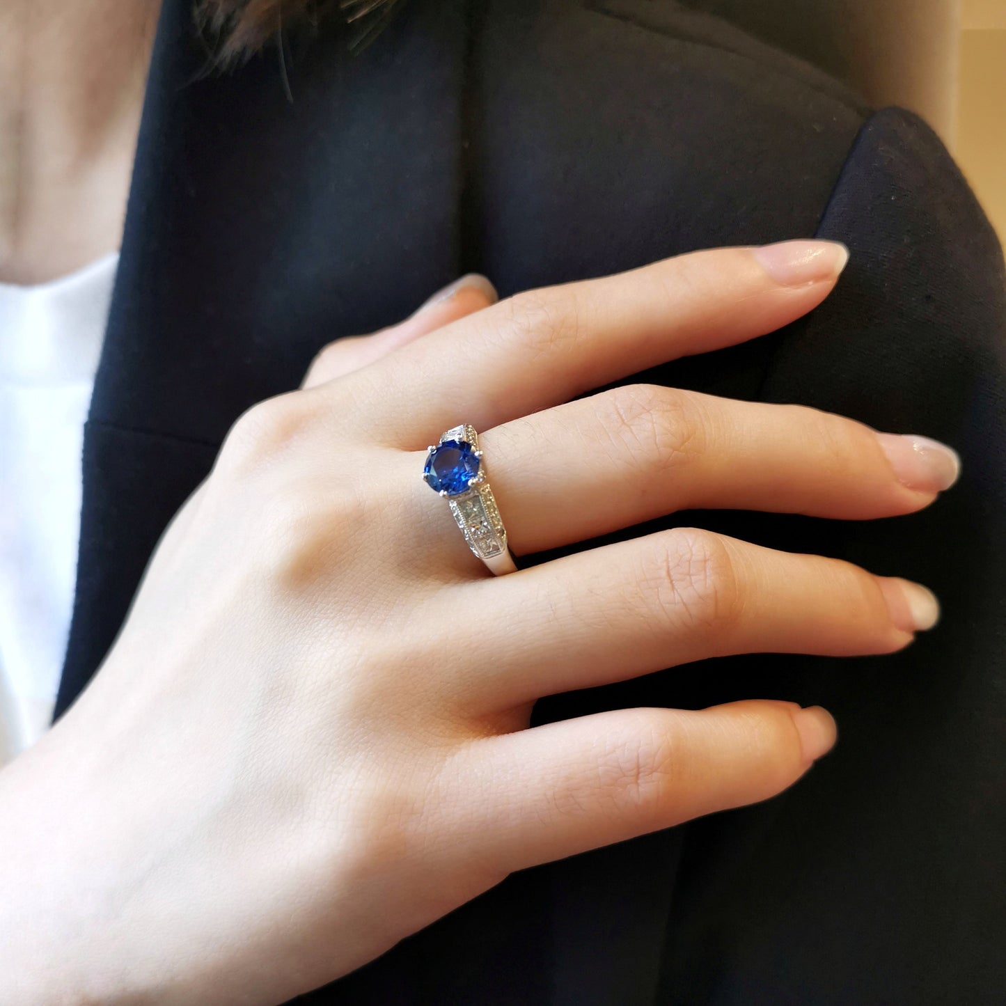 Platinum Lady Camellia Blue Sapphire and Diamond Ring