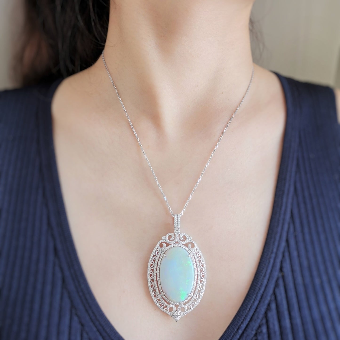 18K Majestic White Opal and Diamond Pendant